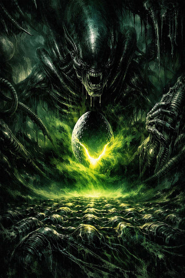 Alien creature with a glowing egg in a dark, alien landscape