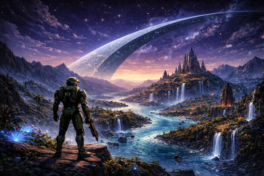 Futuristic landscape with Master Chief and a bridge over water, set against a starry sky.