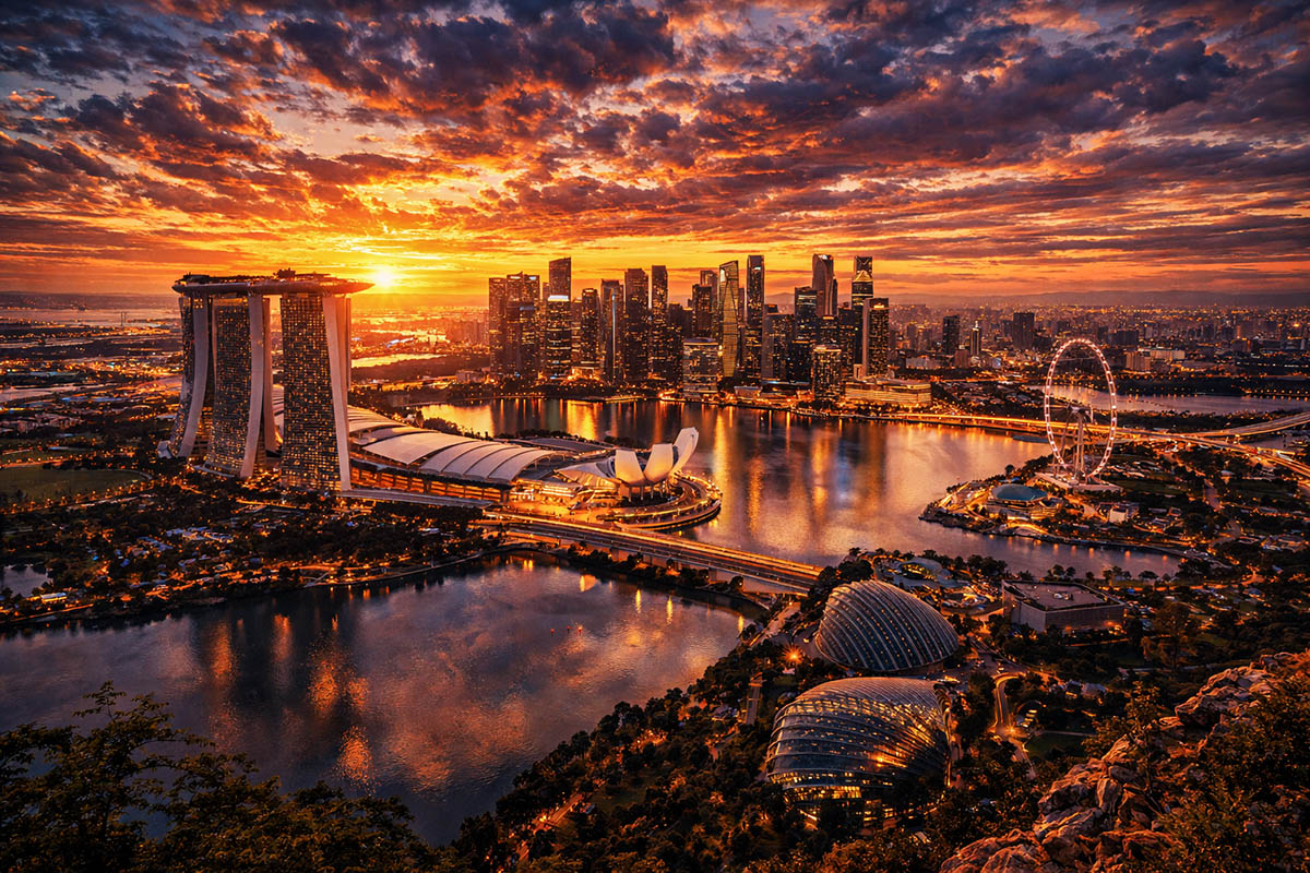 singapore skyline at sunset with marina bay reflections and glowing city lights