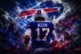 Josh Allen walking beneath a massive Buffalo Bills logo amid dramatic blue and red textures