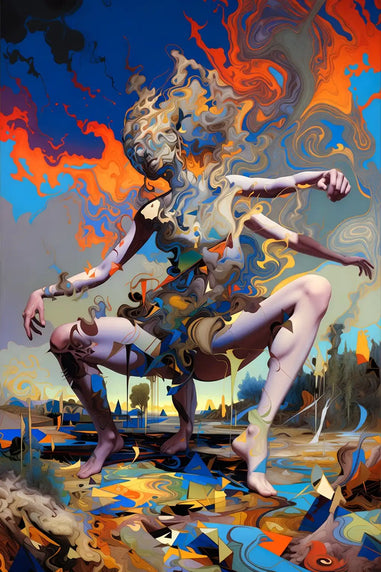 Abstract artwork of a figure with flames and dynamic poses