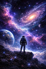 Astronaut Gazing Into a Vibrant Galaxy Wall Art Poster | Portrait