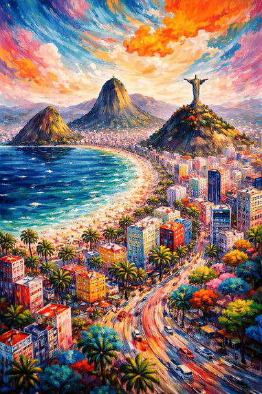 Colorful painting of Brazil with a statue and mountain