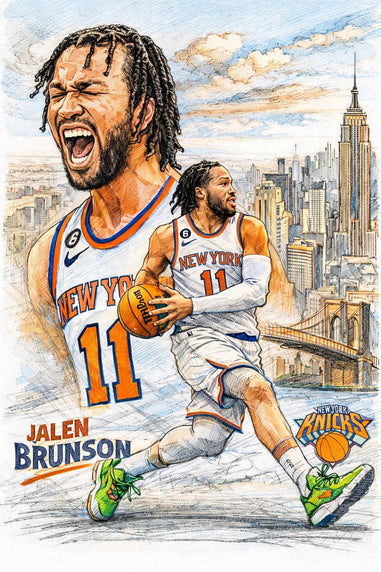 Illustration of a basketball player Jalen Brunson in action with New York Knicks jersey against a cityscape background.