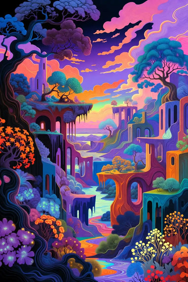 Colorful fantasy landscape with vibrant trees and architecture.