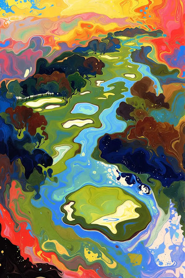 Colorful abstract golf course landscape painting with trees and a river.