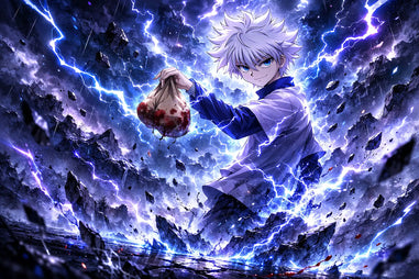 Killua in a dramatic pose with lightning effects holding heart