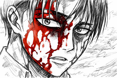 Artistic depiction of a Levi Ackerman with blood on their face, in black and white with red accents.