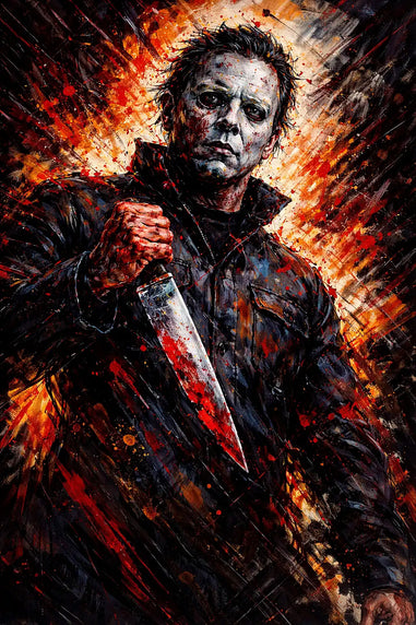 Michael Myers holding a knife with a fiery background