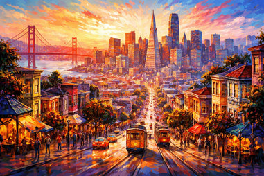 San Francisco Cityscape with a bridge and skyline at sunset, featuring people and streetcars.